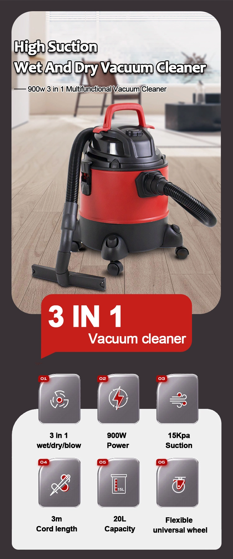 900W 20L Mini Vacuum Cleaner Carpet Cleaning Machine Household Commercial Carpet Wet Dry Vacuum Cleaner for Floor Sofa Mattress