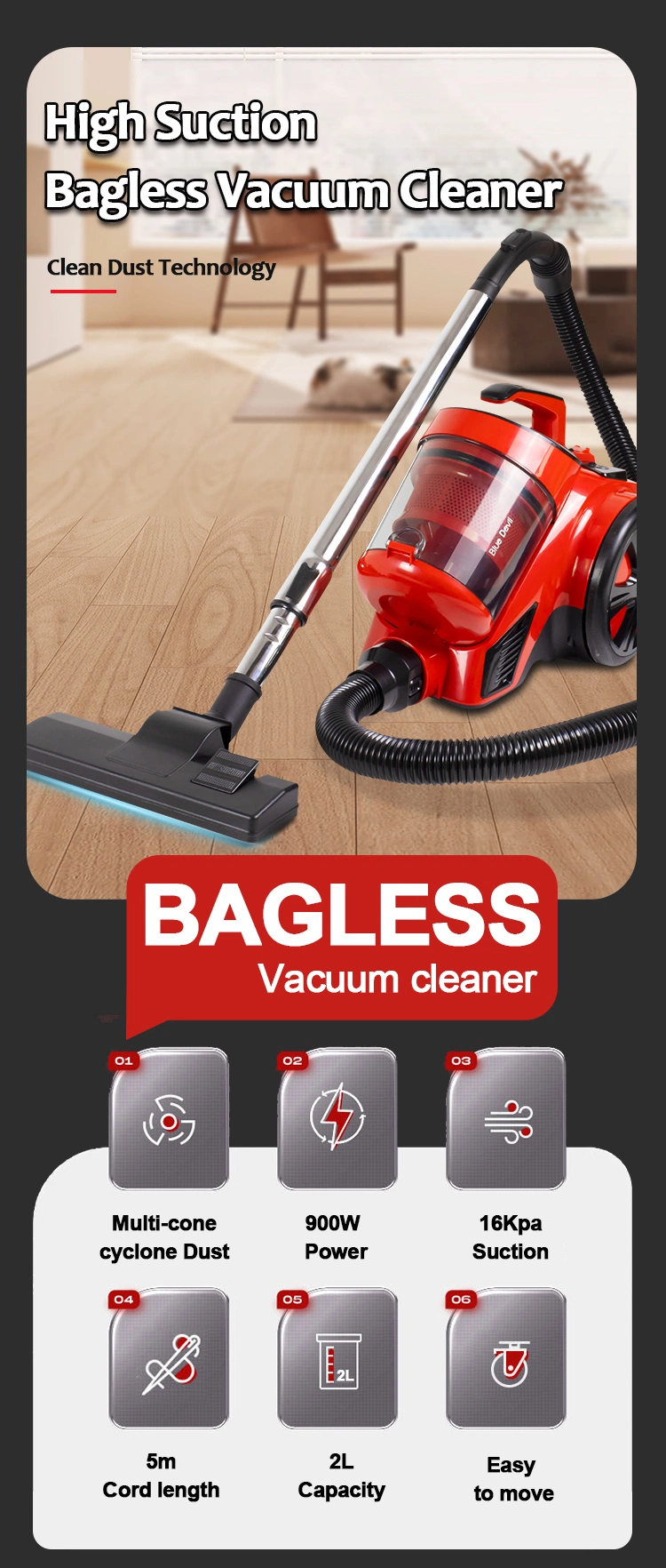 Hot-Selling 1400W 2.5 L Cyclone Carpet Canister vacuum Cleaner Bagless Vacuum Cleaner